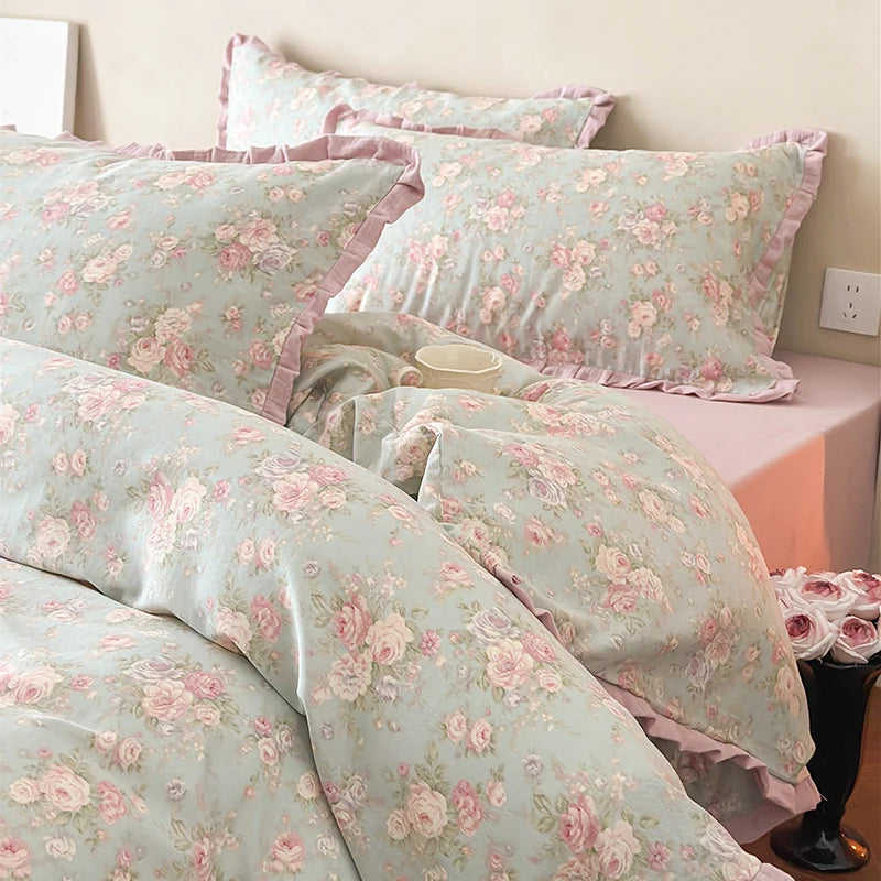 Cyflymder  Korean Princess Floral Ruffles 100% Cotton Double Layer Yarn Soft Bedding Set Single Queen King Duvet Cover Bed Sheet Pillowcase