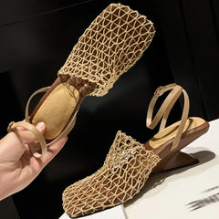Cyflymder  New Mesh Design Women's Sandals Square Toe Muller Slippers Fashion High Heels Summer Casual Office Shoes Sandalias Mujer
