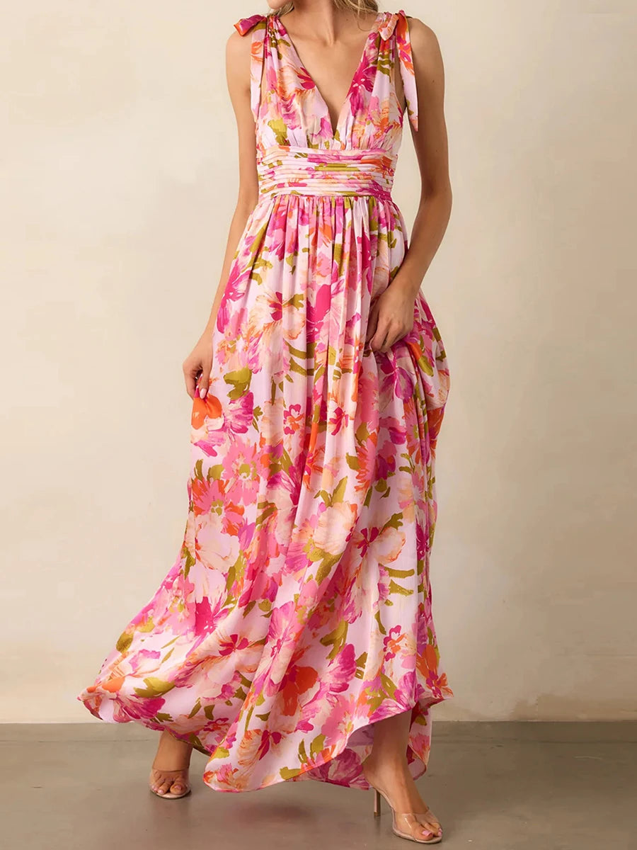 Cyflymder  Elegant Maxi Dress with Boho Floral Print Stylish V-Neckline and Chic Tie-Up Shoulder Detail Perfect for Summer Casual Wear