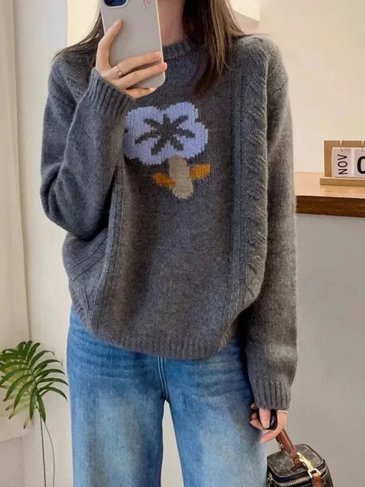 Cyflymder  Vintage Floral Sweaters Women Loose Korean Casual Knitted Jumpers Long Sleeve O Neck Retro Female Sweet Cute Fall Tops New