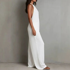 Cyflymder  Casual Jumpsuit For Woman Sleeveless Romper Halter Neck Wide Leg Overalls Black Front Pockets Jumpsuits White Maxi Length Solid