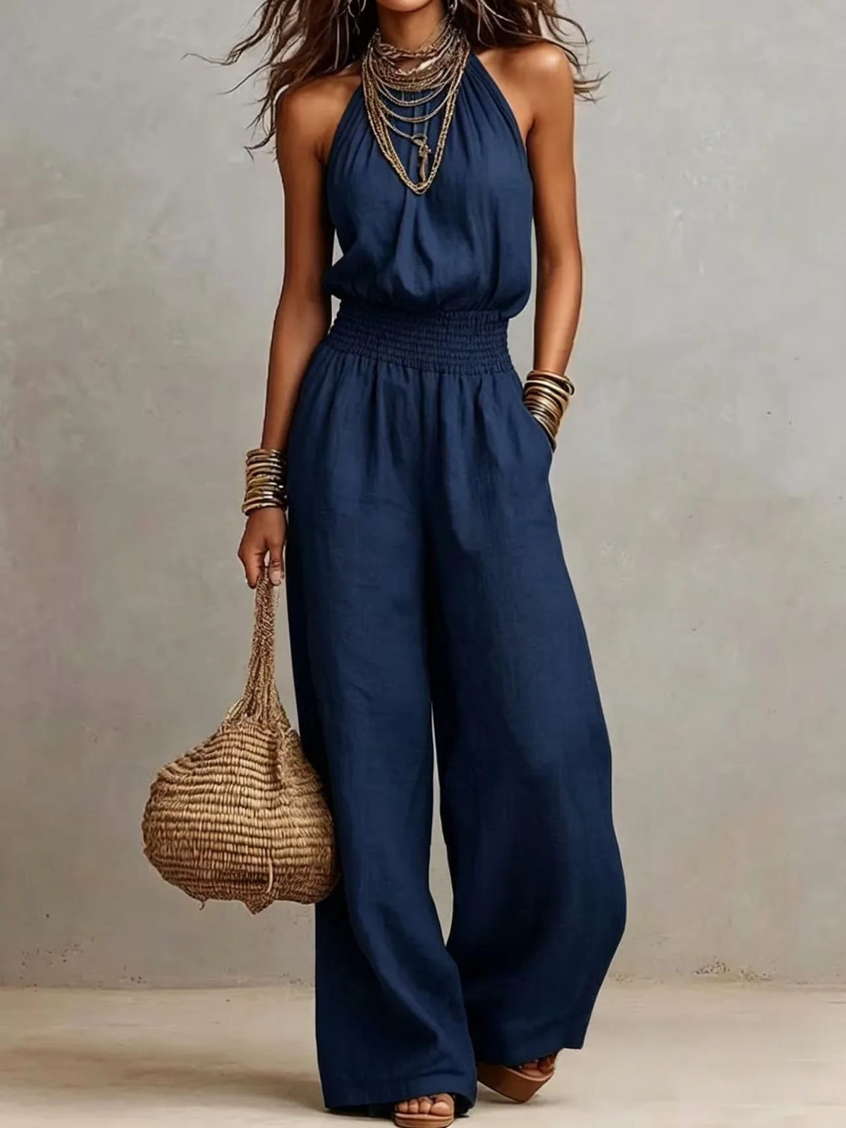 Cyflymder  New Sleeveless Linen Backless Jumpsuit Women's Cross-Border Street Style Wide Leg Pants Long Trousers No Neck Label