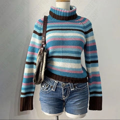 Cyflymder  Fashion Rainbow High collar emo Y2K Woman Clothing Cute Female Sweater Sweet Aesthetic Knitwear Lovely Harajuku Classic Pullover