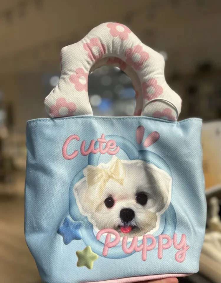 Cyflymder  Harajuku Sweet Cute Blue Puppy Tote Bag Women Printed Canvas Handbag Ladies Compact Bucket Shoulder Bags Purse 2025 New