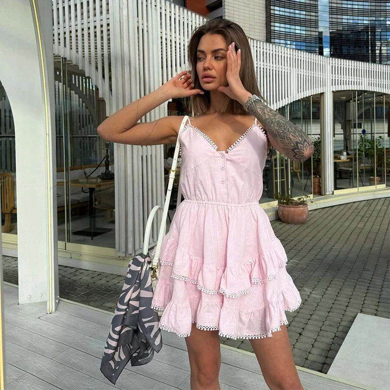 Cyflymder  Sexy Multi-layer Ruffles Backless Puffy Dress Women Sleeveless High Waist Strap A-line Solid Dresses 2025 Summer Street Vacation