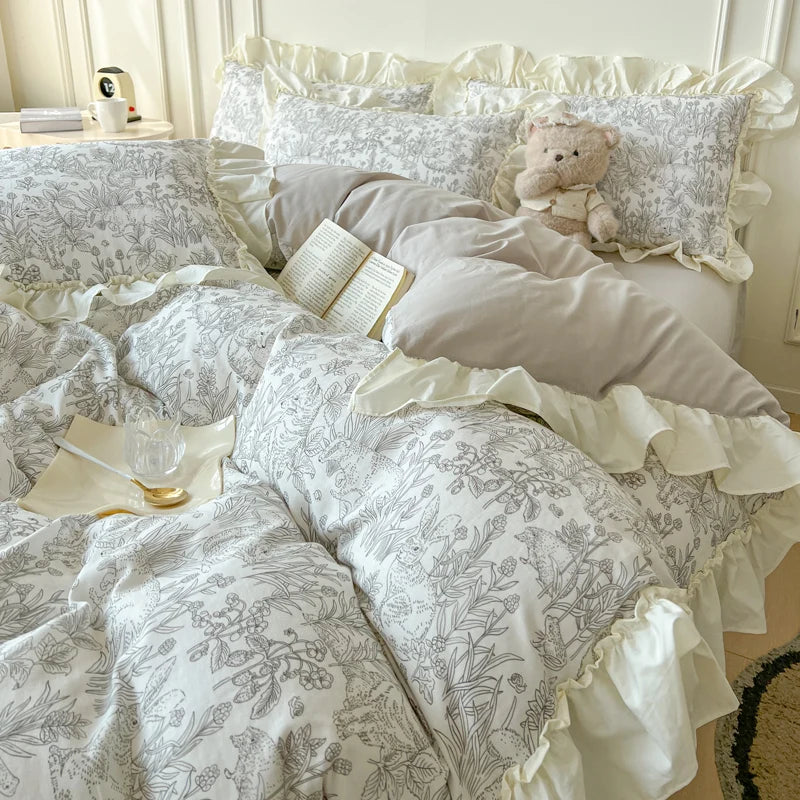 Cyflymder  Floral Print Korean Style Princess Lace Ruffles 100% Cotton Bedding Set Duvet Cover Bed Sheet/Fitted Sheet Pillowcases 3/4Pcs
