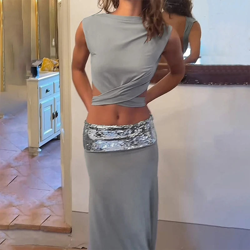 Cyflymder  Elegant Shiny Splicing Slim Suit Fashion O-neck Cross Hollow Tops & Long Skirt Set Women Casual Sleeveless Solid 2 Piece Outfits