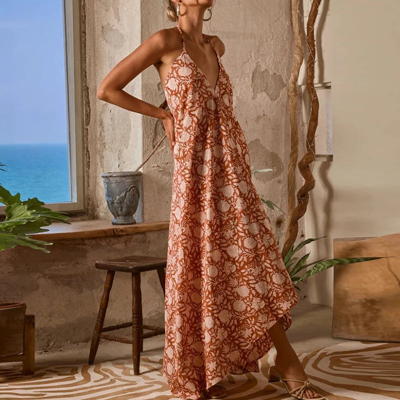 Cyflymder  Sexy Dress Vintage Floral Print Halter Women's Long Dress Fashion Hollow Out Backless Party Dress Bohemian Sleeveless Suspender