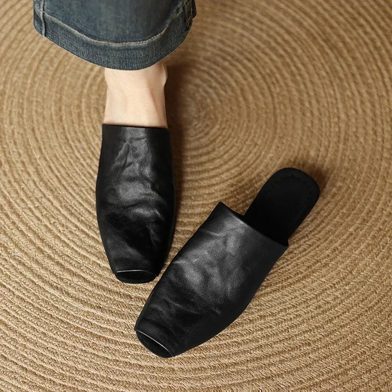 Cyflymder  NEW Summer Women Mules Genuine Leather Shoes for Women Peep Toe Low Heel Shoes Cover Toe Women Sandals Concise Modern Slippers