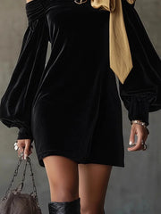 Cyflymder  Elegant Off Shoulder Bow Dress Woman Sexy Elegant Temperament Slim Dress Vintage Long Sleeve Spring Autumn Mini Dress 2026