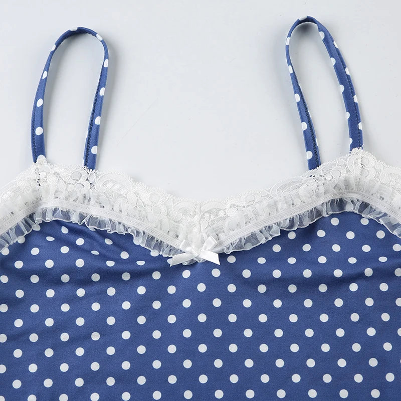 Cyflymder  Casual Slim Dot Print Shorts Sets Housewear 2 Piece Sets Lace Trim Camis Tops Mid-Waist Shorts Women 2025 Summer Fashion