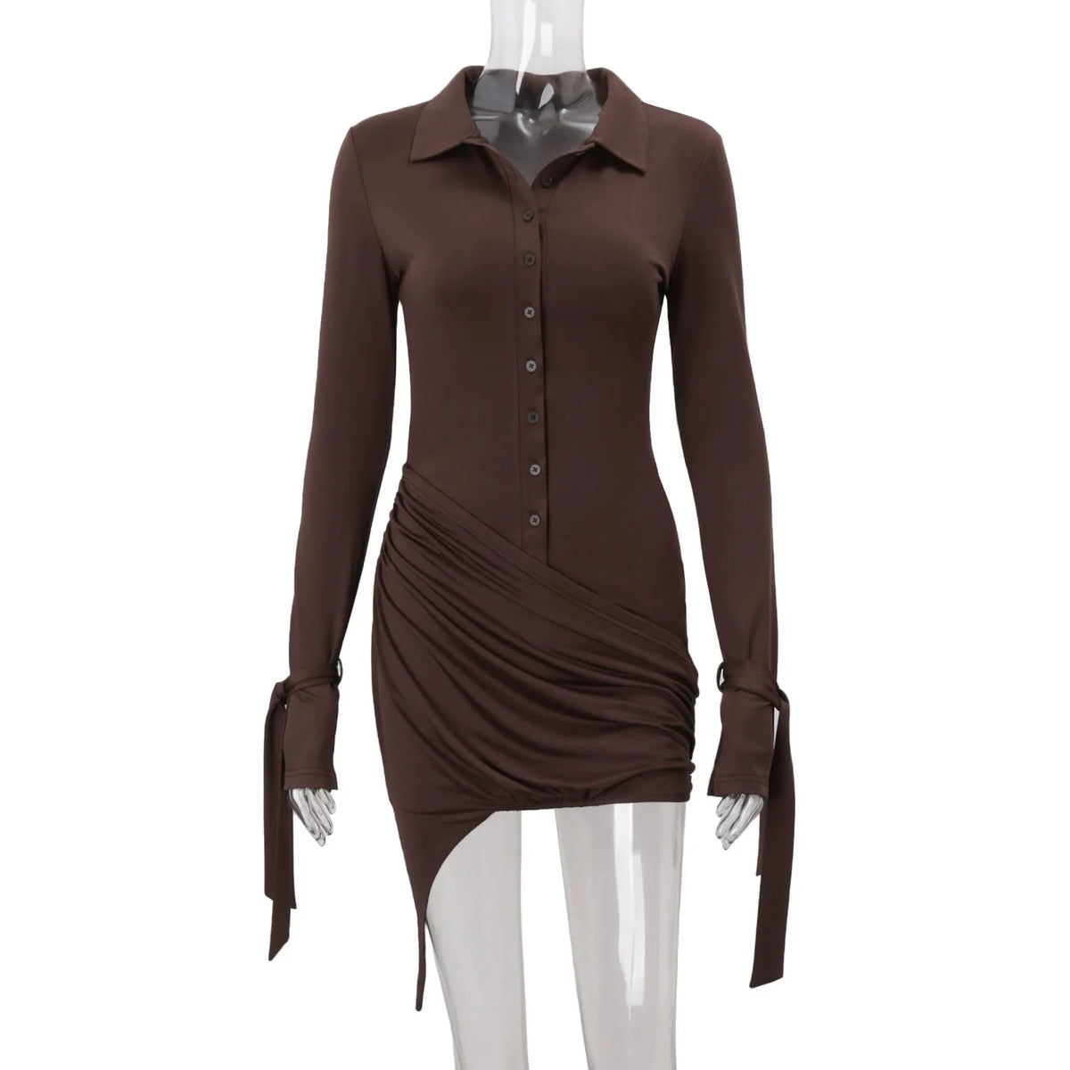 Cyflymder  Autumn Sexy Polo Collar Ruched Bodycon Dress Women Long Sleeve High Waist Button Bandage Slim Fit Party Mini Dress