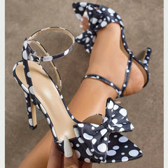 Cyflymder  Elegant Polka Dot Silk High Heel Sandals for Women with Fine Butterfly Knot College Style Gentle and Classy Footwear