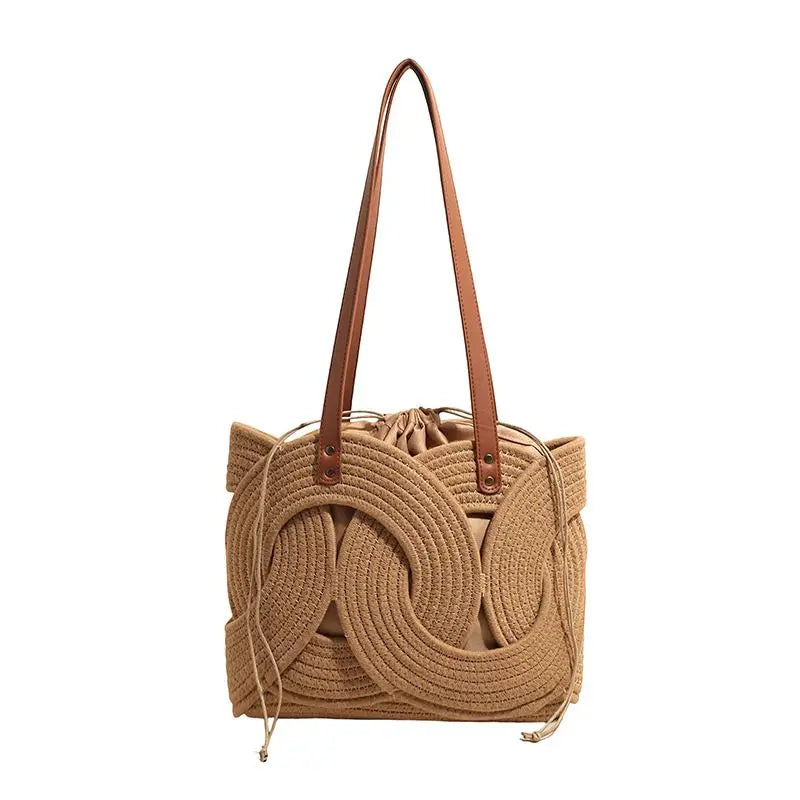 Cyflymder  Fashion Ring Woven Hollow Bucket Bag Women Creative Unique Large Capacity Tote Bag Ladies Daily Casual Vacation Shoulder Bag New