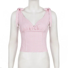 Cyflymder  Sweet Girl Summer Fashion Vacation Style Tank Tops Y2k Fashion Plaid V Neck Sleeveless Sext Backless Camisoel Korean Tops