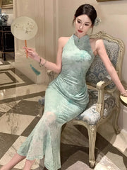 Cyflymder  Sexy Dresses Women Temperament Elegant Floral Printed Stand Collar Slim Stretch Summer Fashion Elegant Dress Female Party