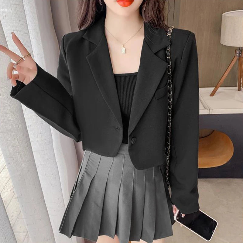 Cyflymder Cropped Blazers for Women New Korean Fashion Long Sleeve Button Up Suit Jacket Woman Elegant All Match Office Blazer Female