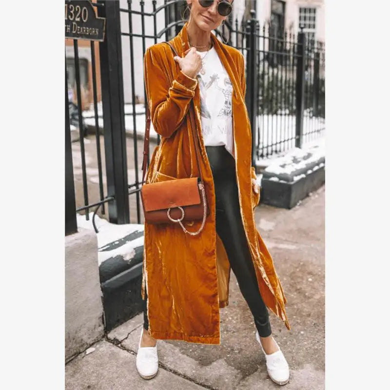 Cyflymder  Spring Autumn New Faion Loose Velvet Elastic Mid-Length Open Cardigan Coat Women's Versatile Straight Tube Polyester Fiber