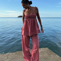 Cyflymder  Women Summer Y2K Striped Pajamas Set Tie Shoulder Ruffle Tank Tops and Straight Pants 2 Piece Casual Vacation Beach Outfit