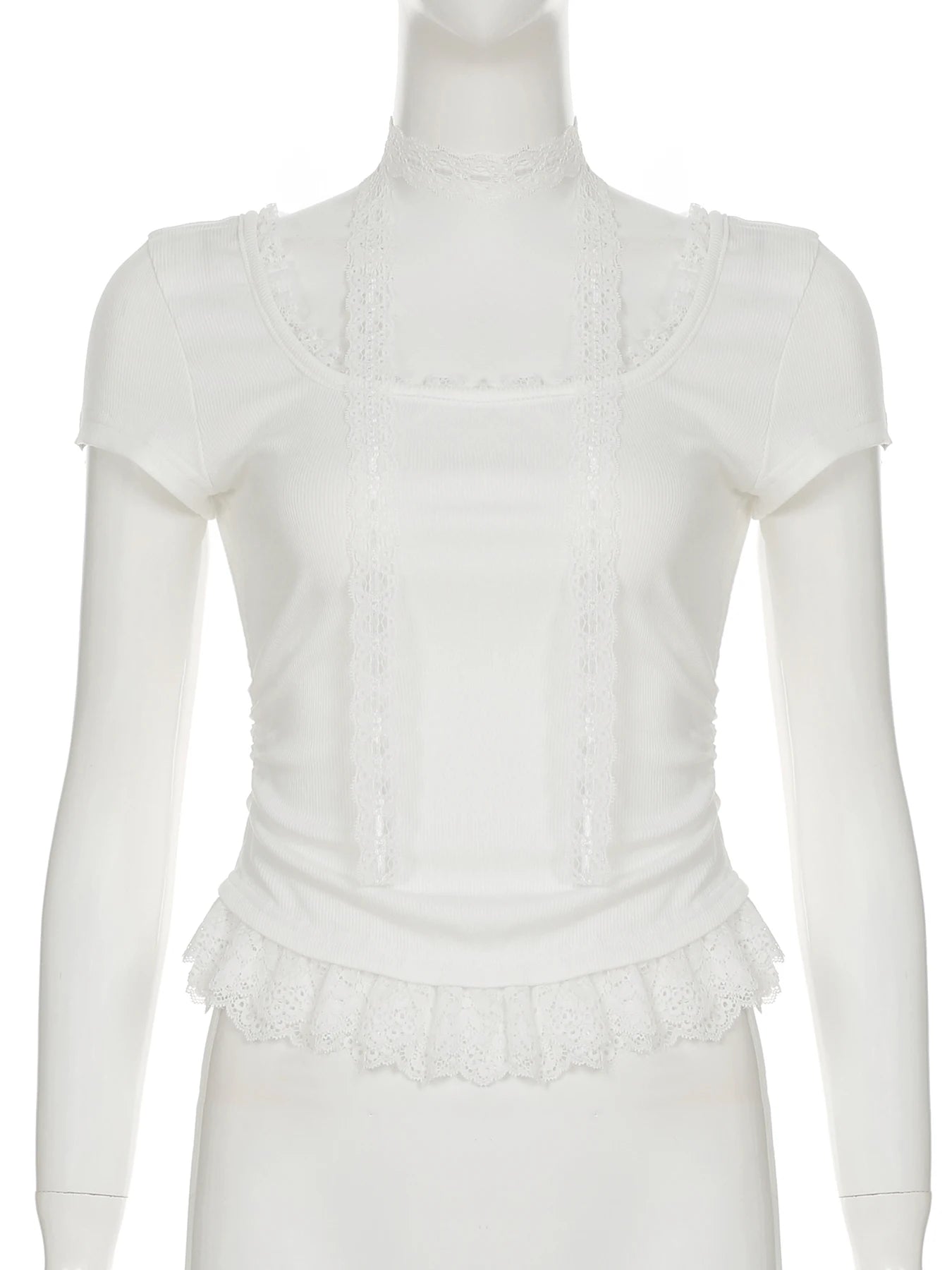 Cyflymder  Casual Lace Trim Folds T Shirt With Scarf Sweet Slim Solid Square Collar Short Sleeve Tees Women 2025 Summer Fashion