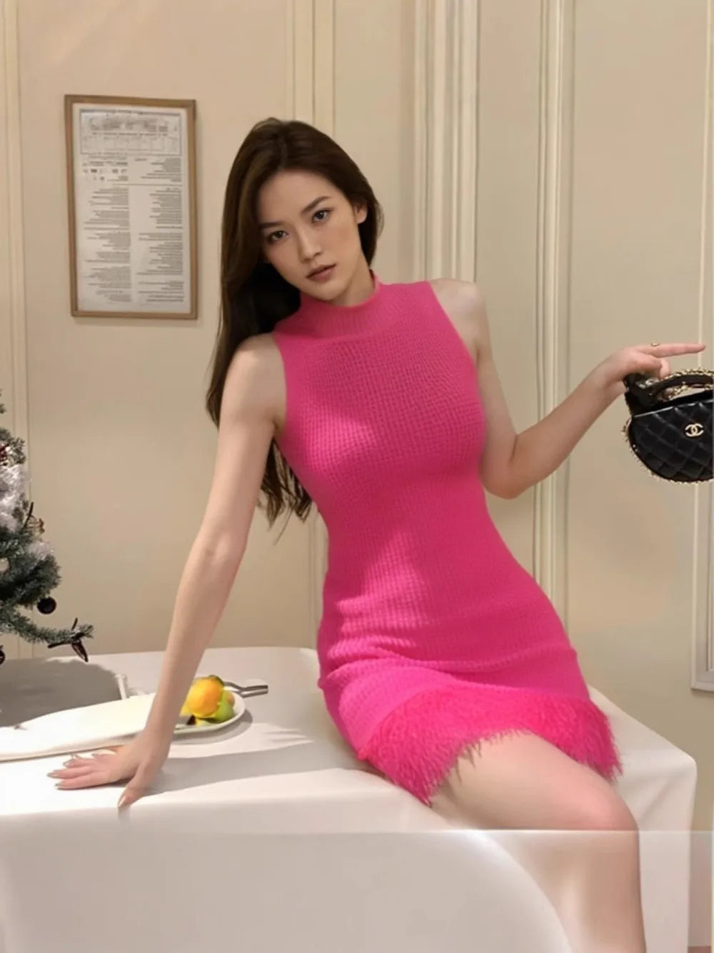 Cyflymder  Sexy Dress Women Sleeveless Hollow Out Patchwork Tassel Slim Bodycon Knitted Short Dresses