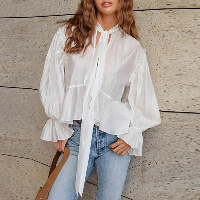 Cyflymder  Women Casual High Street Solid Color Commuting Top Simple Lace Up Ruffle Design Tees 2025 New Autumn Puff Sleeve Loose Pullover