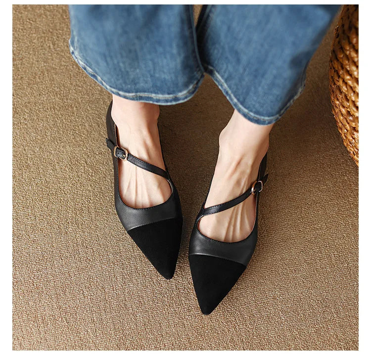 Cyflymder  Splicing Design~ Pointed Head Shallow Mouth Retro Single Shoes Women's New Flat Mary Jane Shoes Woman Shoes