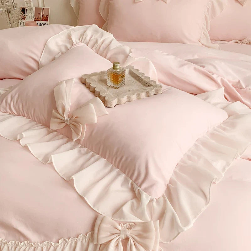 Cyflymder Korean Style Princess Lace Bow Bedding Set Pink Sweet Girl Chiffon Ruffles Duvet Cover Bed Sheet Pillowcase Wedding Home Textile