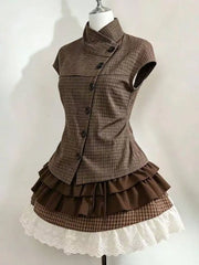 Cyflymder  2Pcs Women Outfit Retro Plaid Short Sleeve Top High Waist Pleated Skirt Y2K Harajuku Style Casual Street Clothing For Hot Girls