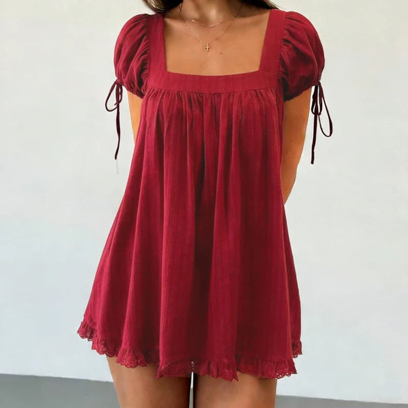 Cyflymder  Vintage Puff Sleeve Maternity Dress Women Square Neck A-line Mini Ruffled Dresses Fairy Loose Fit Flowy Short Dress