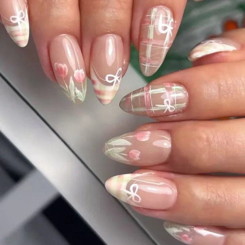 Cyflymder  24pcs Pink Almond Press on Nails Simple False Nails Wearable Stick-on Nail Fake Nails Uñas Postizas Mujer Накладные Ногти 네일팁