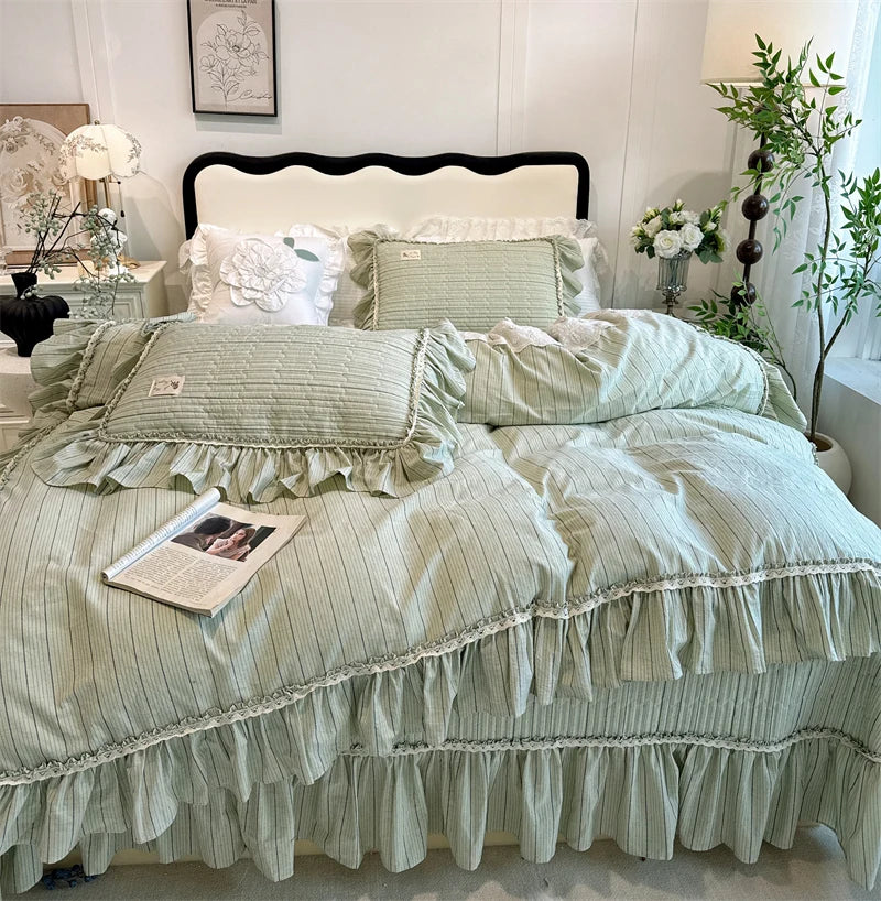 Cyflymder  100% Cotton yarn-dyed Plaid Washed Cotton Ruffles Korean Princess Bedding Set Duvet Cover Quilted Bedspread Pillowcases 4Pcs