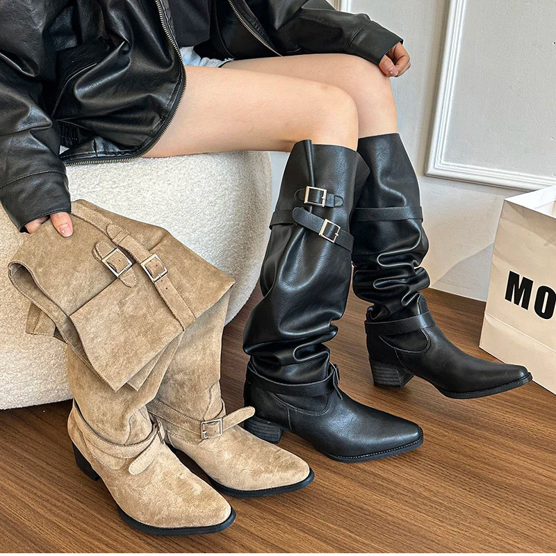 Cyflymder  Autumn Winter Pleated Women Knee High Boots Vintage Square Low Heels Shoes Female Belt Buckle Long Booties