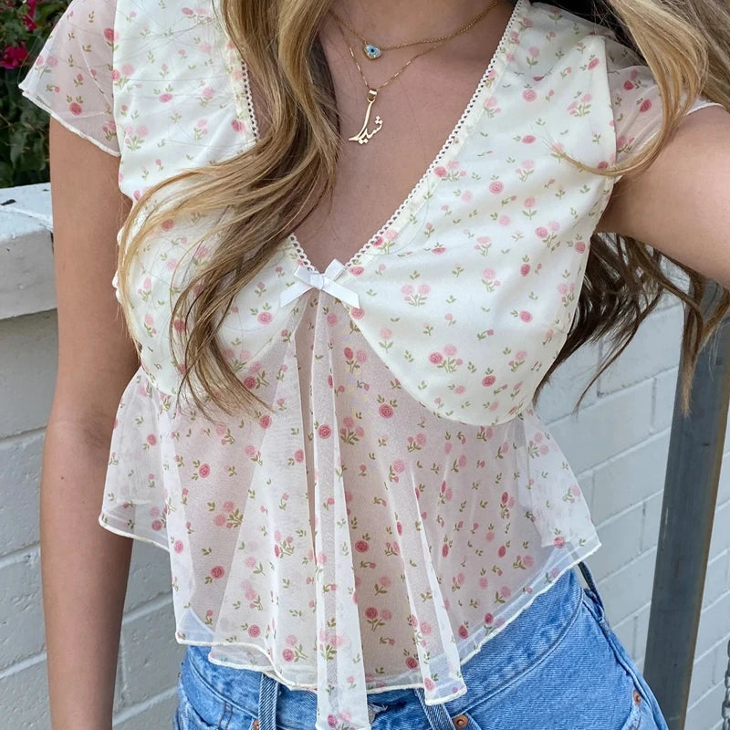 Cyflymder  Floral Patterm V Neck Flowy Crop Tops Vintage Trendy Irregular Hem Short Sleeve T-shirt Women Chiffon Loose Fit Tees Streetwear