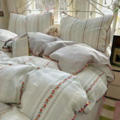 Cyflymder  100% Cotton Yarn-dyed Jacquard Floral Bedding Set Single Queen King Size Duvet Cover Bed Sheet/Fitted Sheet Pillowcases 3/4Pcs