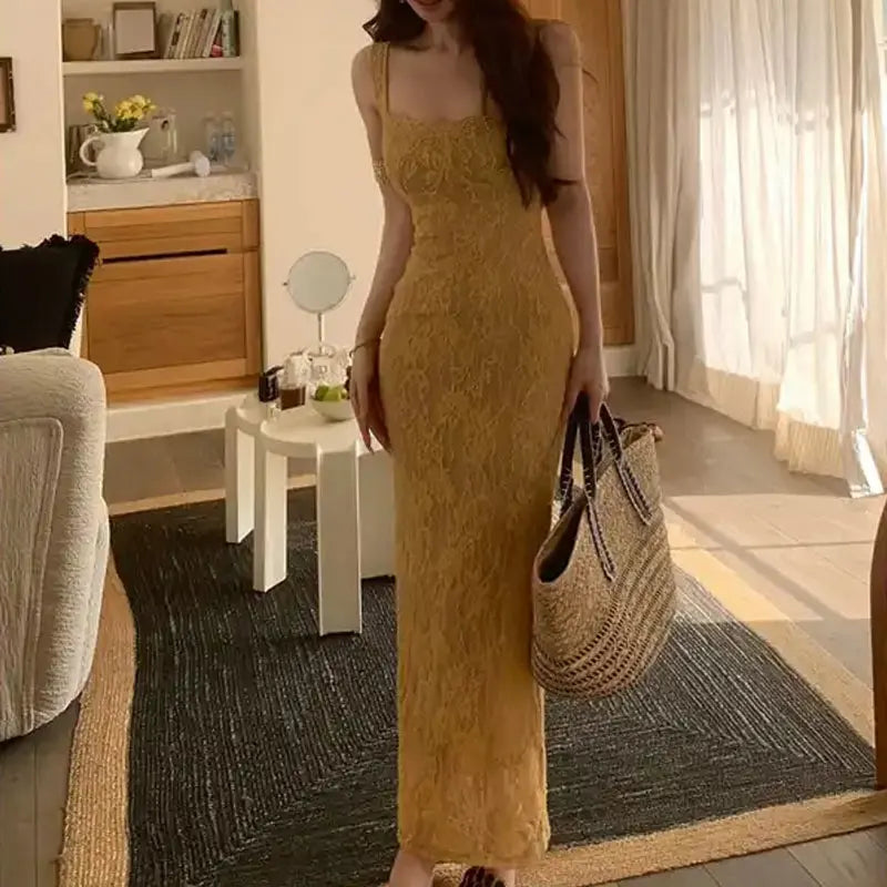 Cyflymder  Women Yellow Floral Lace Slip Dresses French Style V Neck Slim Summer Beach Vacation Bodycon Split Waist Back Bag Hip Long Dress