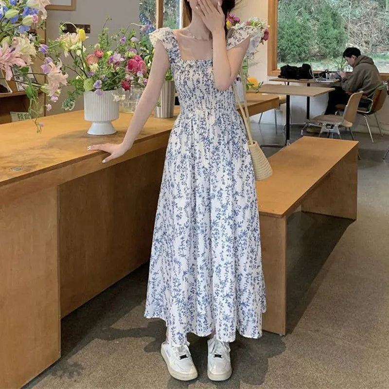 Cyflymder  Broken Flowers Flying Sleeve Dresses Women's Clothing Vintage Printed Summer French Style Square Collar Stylish Folds Long Dress