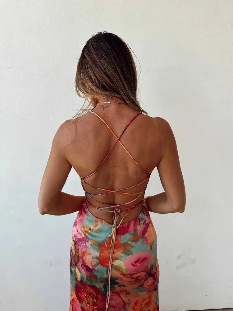 Cyflymder  Casual Sleeveless Backless Tie Up Dress Summer New Low Cut Pleated Evening Dress Fashion Hot Girl Irregular Floral Printed Dress