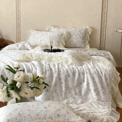 Cyflymder  Flower Prints Lace Ruffles Princess Bedding Set Lyocell Bamboo Fiber Soft Silky Cool Feeling Duvet Cover Bed Sheet Pillowcases