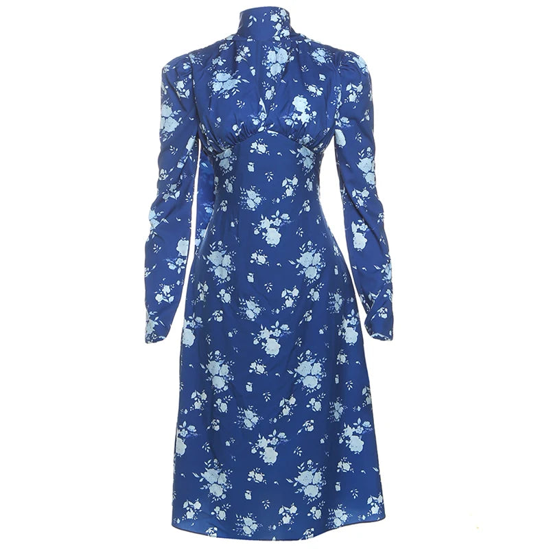 Cyflymder  Street Floral Print Maxi Dress Women v-Neck Ribbon Long Sleeve Folds Elegant Daily Autumn Trend Chic Prom Party Vestidos