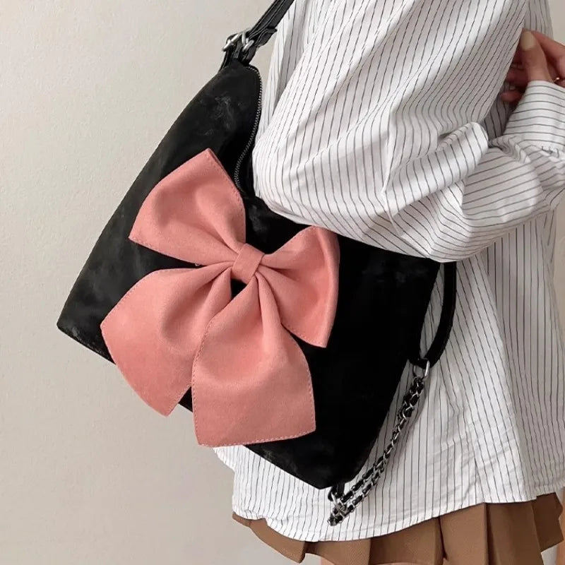 Cyflymder Pink Bow Womens Shoulder Bag Korean Style Fashion Large Capacity Sweet Backpack Cute Exquisite Elegant New Female Tote Bag