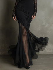 Cyflymder  Sexy Mesh Sheer Women's Lace Party Dress Deep V-Neck Long Sleeve High Waist Bodycon Dress Elegant Cocktail Fishtail Maxi Dresses
