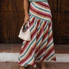 Cyflymder  Spring Summer Loose Commuting Half Skirt 2025 Vacation High Waist Party Skirt Casual Bohemian Striped Printed Women's Long Skirt