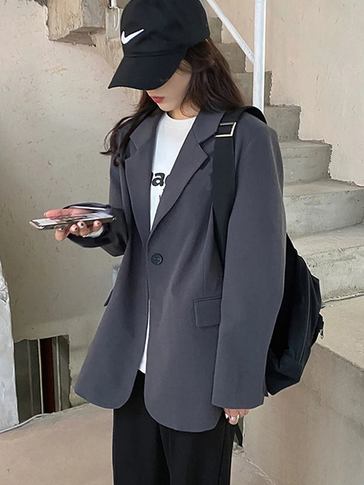 Cyflymder  Harajuku Grey Blazer Coat Women Korean Loose Single Buttons Jacket Preppy Style Casual Long Sleeve Lady Simple Spring Coat