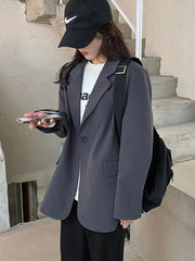 Cyflymder  Harajuku Grey Blazer Coat Women Korean Loose Single Buttons Jacket Preppy Style Casual Long Sleeve Lady Simple Spring Coat