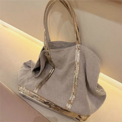 Cyflymder   Fashion Sequin Tote Bag Women Patchwork Linen Large Capacity Shoulder Bag Ladies Versatile Casual Commute Beach Bag Trendy Chic