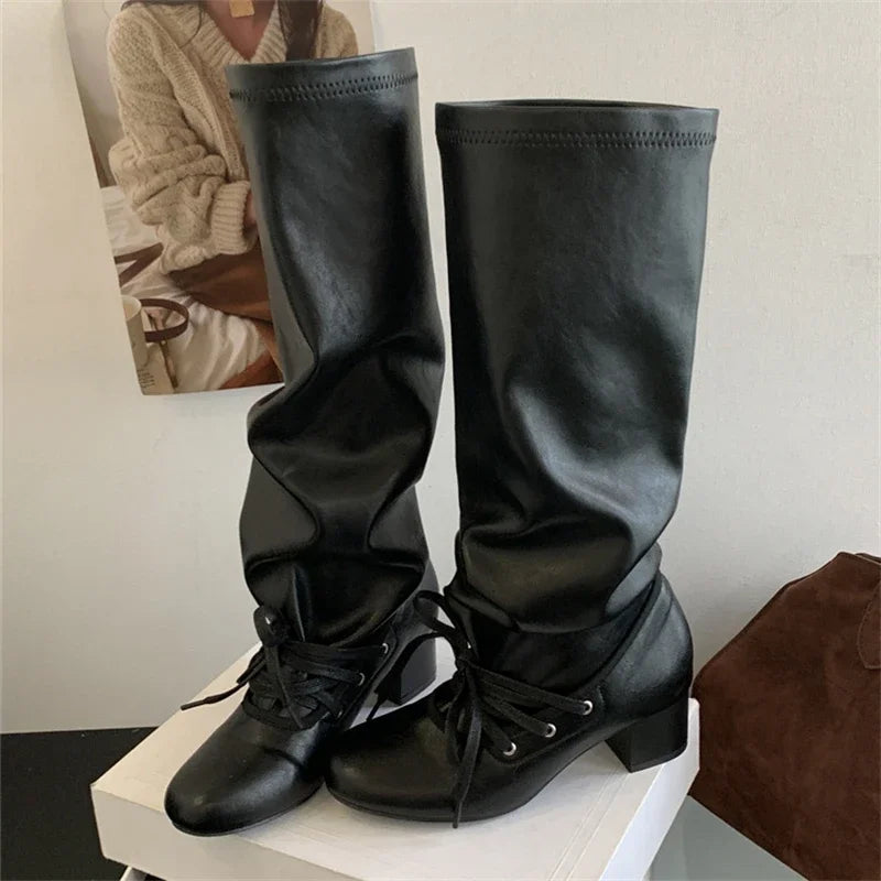 Cyflymder  Soft Leather Lace Up Pleated Knee High Boots for Women Round Toe Square Low Heels Long Booties Ladies Autumn Winter Shoe Female