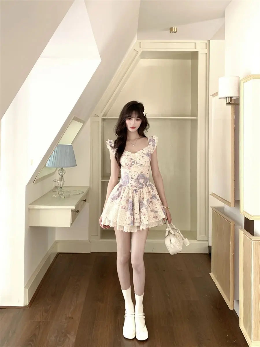Cyflymder  New French Flutter Sleeve Dress Women Lace Trim Flared Skirt Sweet Cute Mini Length Slimming A Line Silhouette Princess Party