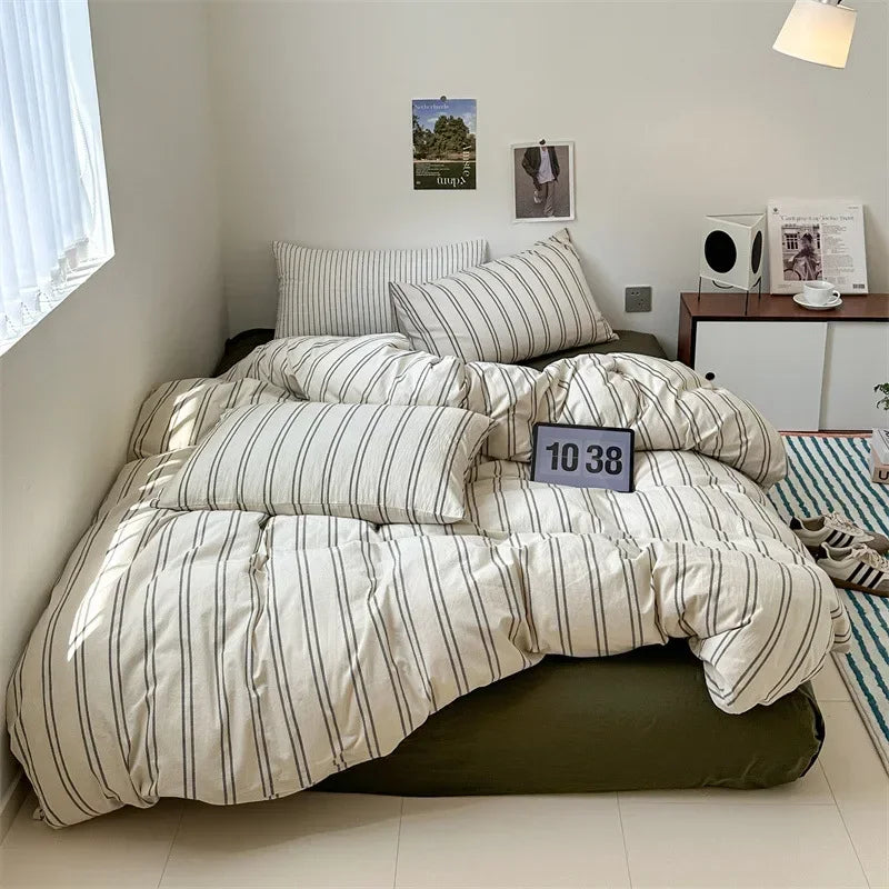 4Pcs Light Luxury Striped Washed Cotton Bedclothes Set Smooth Skin Friendly Soft Bed Sheet Set Home Textile Supplies for Adults