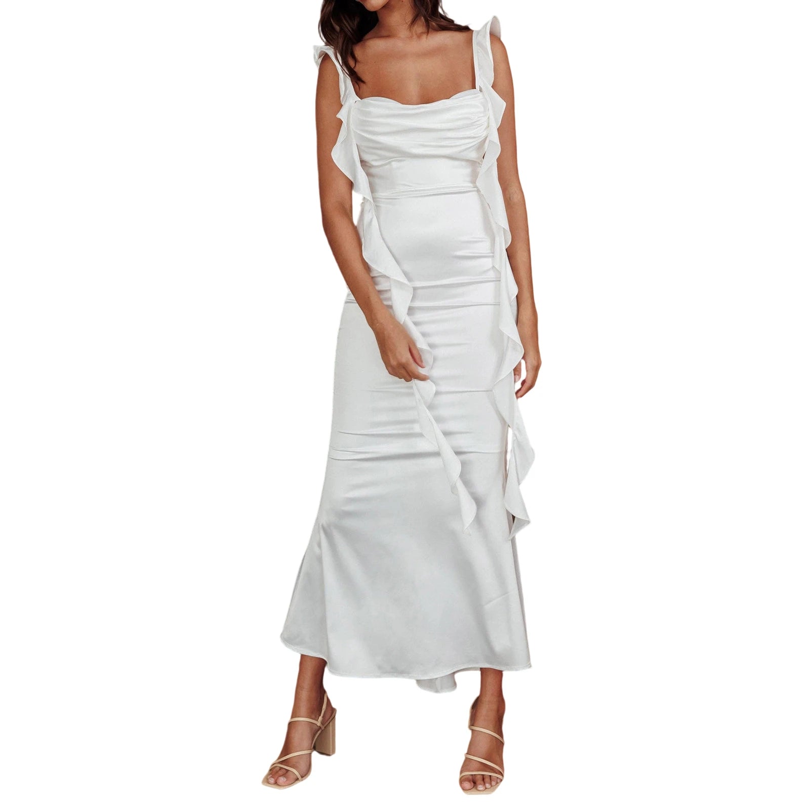 Cyflymder  Elegant Sleeveless Maxi Dress with Flattering Ruched Detail and Chic V-Neckline for Women s Evening Party Wear